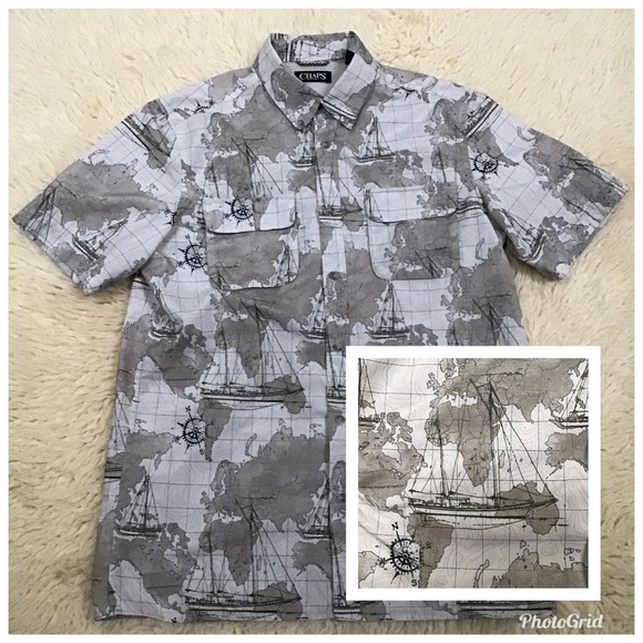 Chaps Nautical Map Sailboat Vented Fishing Shirt - Picture 2 of 9